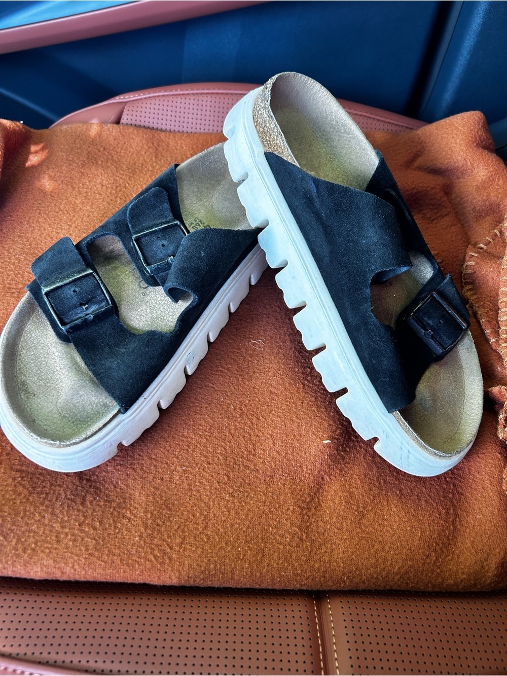 Papillio by Birkenstock Arizona Black Dbl Buckle Suede platform Slides size 9